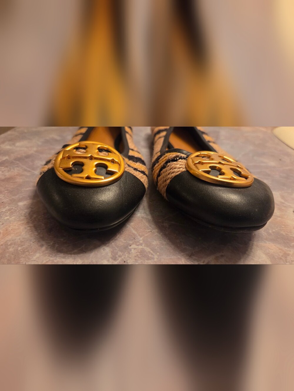 Tory Burch Black & Tan Striped Canvas Ballet Flats with Logo Medallion - Picture 2 of 6